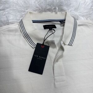 TED BAKER Egret Polo Shirt Searsucker Striped Long Sleeve Ivory Color XL New !
